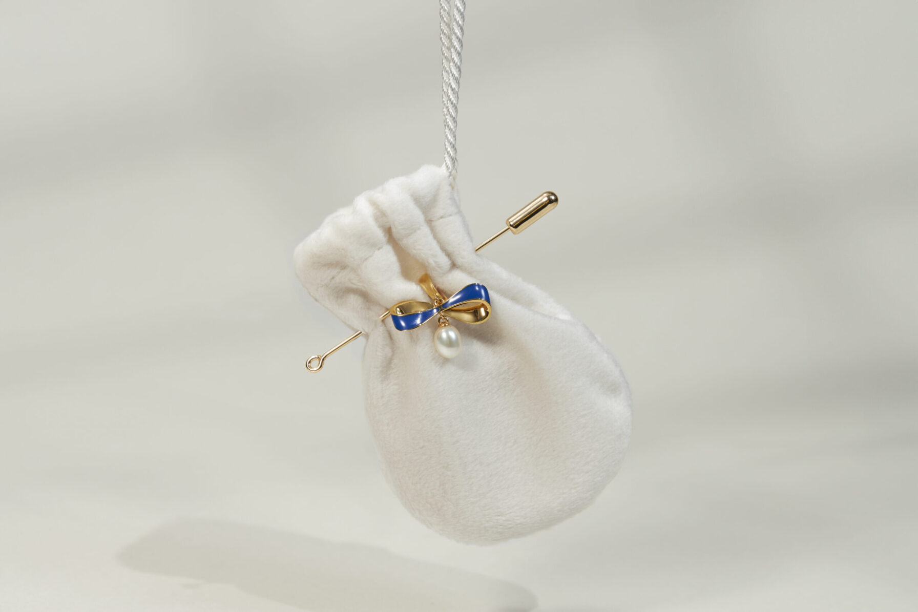18k Gold Vermeil Royal Blue Enamel Bow with Pearl Drop Brooch